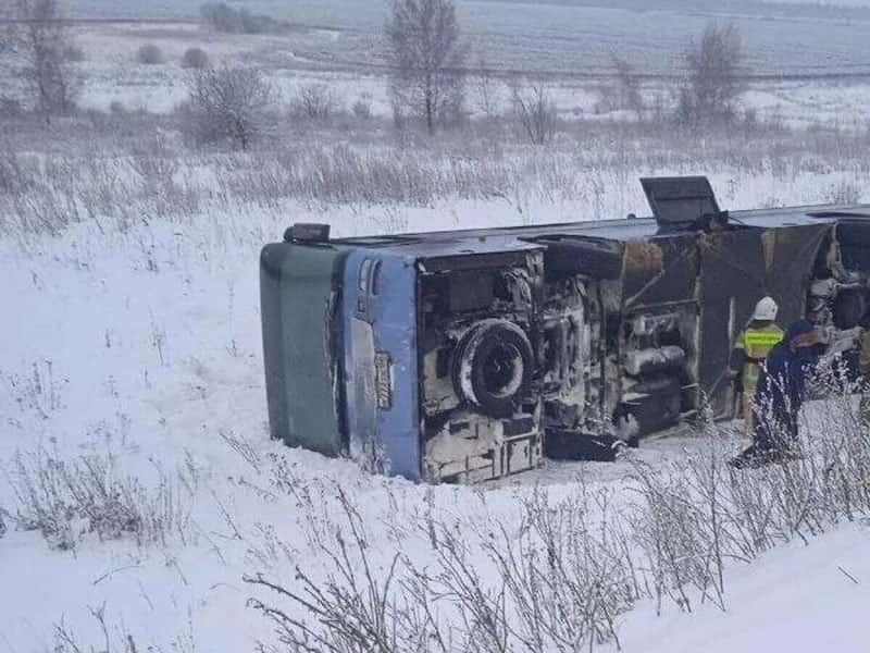 В Тульской области пассажирский автобус опрокинулся в кювет, пострадали десять человек