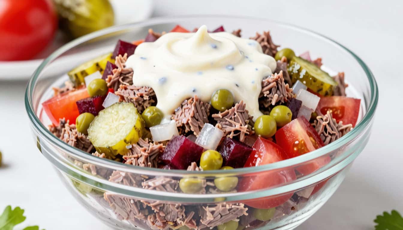 Просто смешала говядину и горошек: получился вкуснейший салат, который просят готовить снова