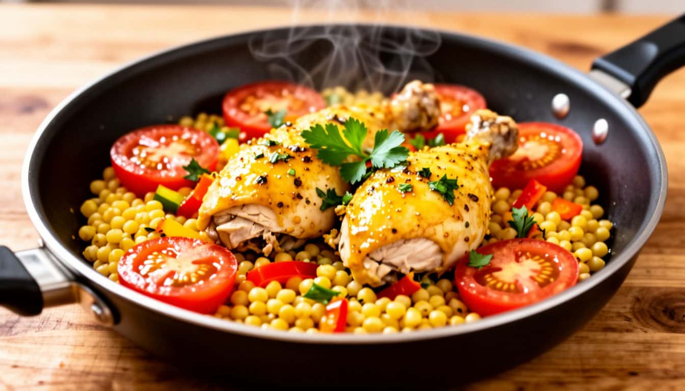 Быстрый ужин за 20 минут: курица с птитимом и овощами в одной сковороде - рецепт, который всегда выручает