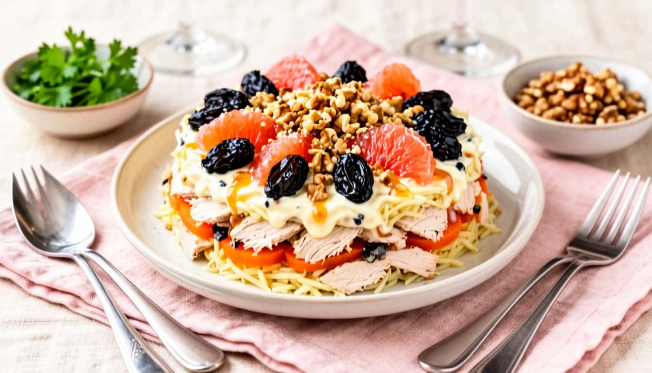 Салат «Принцесса», который исчезает со стола первым: необычное сочетание курицы, чернослива и грейпфрута, о котором мало кто знает, но гости просят добавку