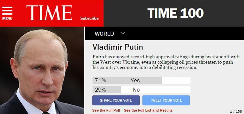 Покажем, как мы любим Путина? Журнал TIME проводит голосование