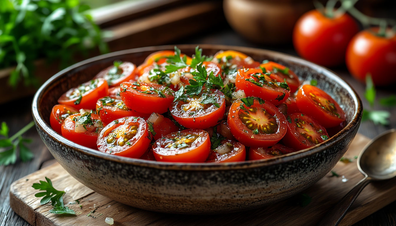 Помидоры, которые исчезают со стола первыми: простой рецепт в перечно-чесночном маринаде с зеленью, после которого обычные салаты никто больше не захочет готовить